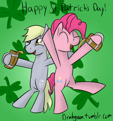 Size: 1280x1367 | Tagged: safe, artist:drahgoon, derpy hooves, pinkie pie, pony, 30 minute art challenge, bipedal, drinking, saint patrick's day