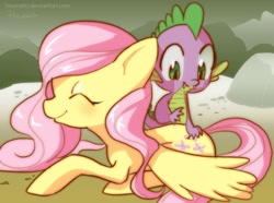 Size: 1134x842 | Tagged: safe, artist:hinoraito, fluttershy, spike, dragon, pegasus, pony, female, flutterspike, male, rump scritches, shipping, straight