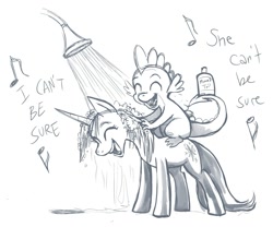 Size: 1100x915 | Tagged: safe, artist:pedantia, derpibooru import, spike, twilight sparkle, dragon, happy, mane 'n tail, product placement, shampoo, shower, showering, singing, singing in the shower, the failure song, washing hair, wet mane
