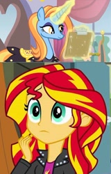 Size: 776x1211 | Tagged: safe, screencap, sassy saddles, sunset shimmer, canterlot boutique, equestria girls, clipboard, headcanon, magic, solo