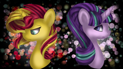 Size: 3800x2159 | Tagged: safe, artist:ilynalta, starlight glimmer, sunset shimmer, pony, counterparts, sad, twilight's counterparts, wallpaper