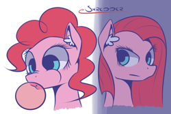 Size: 1200x800 | Tagged: safe, artist:eshredder, pinkie pie, earth pony, pony, bust, duality, ear fluff, pinkamena diane pie, portrait