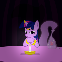 Size: 1400x1400 | Tagged: safe, artist:navitaserussirus, derpibooru import, twilight sparkle, genie pony, pony, unicorn, bedroom eyes, bottle, candle, female, genie, mare, solo