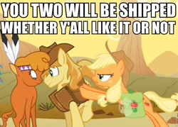 Size: 821x588 | Tagged: safe, edit, edited screencap, screencap, applejack, braeburn, little strongheart, earth pony, pony, over a barrel, animation error, applejack the shipper, braeheart, caption, clothes, desert, female, hub logo, image macro, male, meme, now kiss, pushing, roflbot, saddle bag, shipper on deck, shipping, shove, straight, vest, y'all