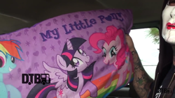 Size: 1280x720 | Tagged: safe, derpibooru import, pinkie pie, rainbow dash, twilight sparkle, twilight sparkle (alicorn), alicorn, human, irl, irl human, kissing candice, mask, metal, music, photo, pillow, purple, rock, screenshots, tattoo, van, youtube