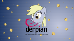 Size: 1360x768 | Tagged: safe, artist:fabulousmoustache, derpy hooves, pegasus, pony, abstract background, bust, cute, debian, derp, derpabetes, derpian, female, linux, mare, mouth hold, muffin, nom, pun, smiling, text, wallpaper