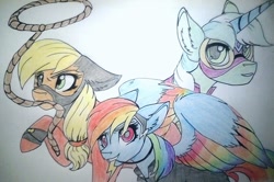 Size: 1024x681 | Tagged: safe, artist:evergreen-gemdust, derpibooru import, applejack, lyra heartstrings, mistress marevelous, rainbow dash, zapp, earth pony, pegasus, pony, lasso, power ponies, rope, traditional art