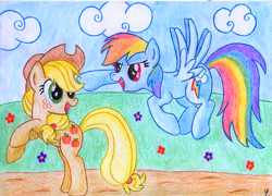 Size: 900x649 | Tagged: safe, artist:legeden, derpibooru import, applejack, rainbow dash, earth pony, pegasus, pony, traditional art