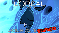 Size: 1824x1026 | Tagged: safe, artist:dwk, edit, edited screencap, screencap, queen chrysalis, changeling, changeling queen, the mean 6, l'oréal, parody, totally legit recap, youtube link