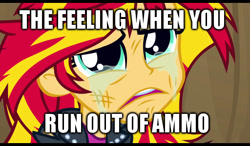 Size: 512x300 | Tagged: safe, sunset shimmer, equestria girls, ammunition, crying, image macro, meme, sunsad shimmer