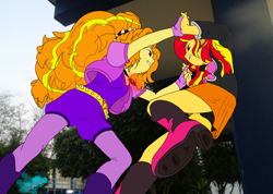 Size: 1214x865 | Tagged: safe, artist:alloyrabbit, artist:tonystorm12, edit, adagio dazzle, sunset shimmer, equestria girls, amulet, black underwear, boots, clean, clothes, colored, equestria girls in real life, face to face, fight, necklace, panties, signature, skirt, underwear, upskirt