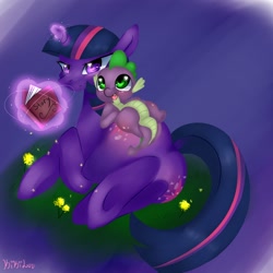 Size: 1024x1024 | Tagged: safe, artist:kikiluv17, derpibooru import, spike, twilight sparkle, dragon, book, plot