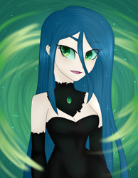 Size: 1939x2500 | Tagged: safe, artist:thecreativerey, queen chrysalis, human, clothes, dress, female, humanized, open mouth, smiling, solo