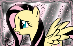 Size: 900x572 | Tagged: safe, artist:ponita120, fluttershy, pegasus, pony, abstract background, emoshy, female, frown, mare, open mouth, solo, spread wings, wings