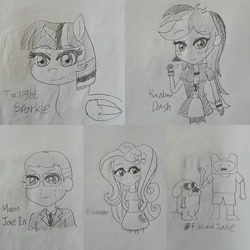 Size: 480x480 | Tagged: safe, artist:ehgns6807, derpibooru import, fluttershy, rainbow dash, twilight sparkle, twilight sparkle (alicorn), alicorn, equestria girls, finn the human, jake the dog, monochrome, moon jae in, traditional art