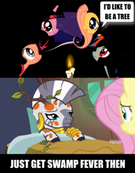 Size: 1276x1632 | Tagged: safe, derpibooru import, edit, edited screencap, screencap, fluttershy, pinkie pie, rainbow dash, twilight sparkle, zecora, earth pony, pegasus, pony, unicorn, zebra, a health of information, over a barrel, bed, candle, careful what you wish for, discovery family logo, fluttertree, i'd like to be a tree, leaf, speech bubble, swamp fever, tree branch, zecora's hut