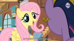 Size: 765x424 | Tagged: safe, derpibooru import, screencap, fluttershy, twilight sparkle, pegasus, pony, keep calm and flutter on, element of magic, pepsi, soda, youtube caption