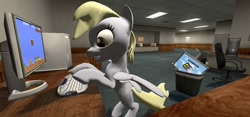 Size: 1280x600 | Tagged: safe, artist:thementlegen, derpy hooves, pegasus, pony, 3d, computer, female, gmod, mac pro, mare, nintendo, nintendo entertainment system, office, super mario bros., typing, windows, windows 95