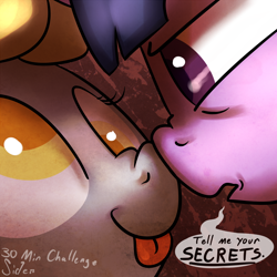 Size: 900x900 | Tagged: safe, artist:siden, derpy hooves, twilight sparkle, pegasus, pony, 30 minute art challenge, boop, close-up, dialogue, duo, female, mare, noseboop, tell me your secrets, tongue out