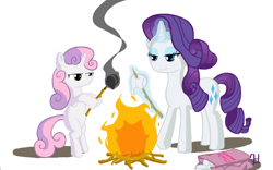 Size: 1920x1200 | Tagged: safe, artist:7doran, rarity, sweetie belle, pony, bipedal, campfire, cannibalism, cooking, fire, food, lidded eyes, marshmallow, murder, rarity is a marshmallow, rarity using marshmallows, roasting, sweetie belle can't cook, sweetie belle is a marshmallow too, sweetie belle using marshmallows, sweetie fail