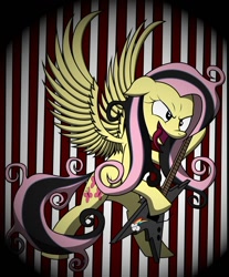 Size: 900x1087 | Tagged: safe, artist:friendshipismetal777, fluttershy, pegasus, pony, abstract background, cutie mark, electric guitar, emoshy, guitar, metal, metalhead, rockershy, solo, striped background, tongue out