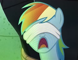 Size: 3919x3024 | Tagged: safe, derpibooru import, screencap, rainbow dash, pegasus, pony, daring done?, blindfold, bondage, female, mare, open mouth, solo