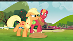 Size: 1366x768 | Tagged: safe, artist:fineartobserver, edit, edited screencap, screencap, applejack, big macintosh, earth pony, pony, too many pinkie pies, brushie, duo, hat off, male, stallion, toothbrush