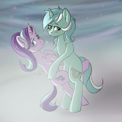 Size: 1000x1000 | Tagged: safe, artist:chickenbrony, lyra heartstrings, starlight glimmer, pony, unicorn, bipedal, blushing, chest fluff, colored, crack shipping, cute, female, glimmerbetes, hug, lesbian, looking at you, lyrabetes, mare, shipping, simple background, smiling, standing, starlyra