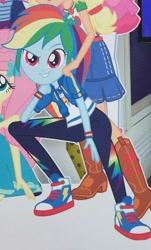 Size: 977x1622 | Tagged: safe, derpibooru import, applejack, fluttershy, pinkie pie, rainbow dash, sci-twi, twilight sparkle, better together, equestria girls, boots, cardboard cutout, clothes, converse, cowboy boots, cropped, denim skirt, geode of super speed, geode of super strength, jacket, looking at you, magical geodes, offscreen character, pants, shoes, skirt, smiling, sneakers