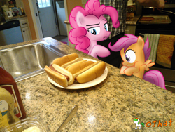 Size: 3264x2448 | Tagged: safe, artist:ojhat, pinkie pie, scootaloo, hot dog, irl, photo, ponies in real life