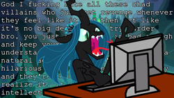 Size: 1920x1080 | Tagged: safe, artist:dwk, edit, edited screencap, screencap, queen chrysalis, changeling, changeling queen, the mean 6, angry, chad, changeling hive, computer, faic, female, forked tongue, hissing, incel, politics in the comments, rage, rant, solo, totally legit recap, vulgar, youtube link