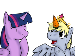 Size: 800x600 | Tagged: safe, artist:shadowsgryphon, derpy hooves, twilight sparkle, twilight sparkle (alicorn), alicorn, pony, 30 minute art challenge, alicornified, carrot, derpicorn, female, mare, muffin queen, race swap