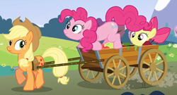 Size: 870x470 | Tagged: safe, screencap, apple bloom, applejack, pinkie pie, earth pony, pony, too many pinkie pies, out of context