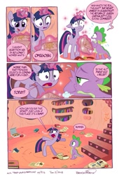 Size: 677x993 | Tagged: safe, artist:brendahickey, derpibooru import, spike, twilight sparkle, dragon, comic:keep calm and party on, comic, golden oaks library, messy