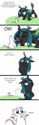 Size: 1240x3995 | Tagged: safe, artist:doublewbrothers, queen chrysalis, changeling, changeling queen, mouse, austin powers, comic, cute, cutealis, dialogue, fangs, fat bastard, female, grass, punch, shrug, simple background, slit eyes, solo, white background, younger