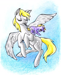 Size: 1573x1935 | Tagged: safe, artist:violetseptember, derpy hooves, dinky hooves, pegasus, pony, diaper, female, flying, mare, traditional art