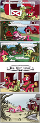 Size: 1000x3000 | Tagged: safe, artist:fign01, apple bloom, big macintosh, granny smith, pinkie pie, earth pony, pony, magical mystery cure, apple, apple orchard, apple tree, barn, basket, comic, dead tree, female, filly, foal, fridge logic, male, mare, orchard, rocking chair, stallion, stupidity, swapped cutie marks, sweet apple acres, tree