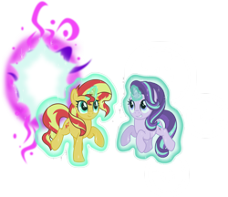 Size: 5127x4437 | Tagged: safe, artist:osipush, starlight glimmer, sunset shimmer, pony, unicorn, absurd resolution, counterparts, duo, duo female, female, floating, glowing horn, levitation, looking up, magic, portal, self-levitation, simple background, smiling, telekinesis, transparent background, twilight's counterparts