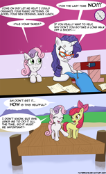 Size: 1024x1673 | Tagged: safe, artist:naterrang, apple bloom, rarity, sweetie belle, pony, unicorn, comic, cross-popping veins, glasses, sewing, sweetiedumb