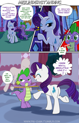 Size: 773x1200 | Tagged: safe, artist:pia-sama, rarity, spike, dragon, pony, unicorn, bait and switch, blushing, carousel boutique, comic, female, glasses, male, measuring tape, pixiv, rarity's glasses, shipping, sparity, straight, wink