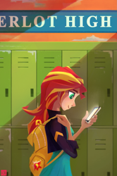 Size: 1155x1735 | Tagged: safe, artist:ajvl, sunset shimmer, equestria girls, backpack, cellphone, human coloration, lockers, phone, solo
