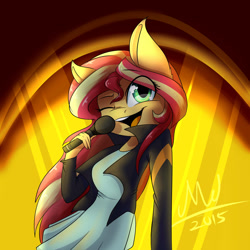 Size: 1600x1600 | Tagged: safe, artist:myralilth, sunset shimmer, anthro, equestria girls, microphone, singing, solo, wink