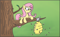 Size: 1920x1200 | Tagged: safe, artist:finalflutter, fluttershy, bee, pegasus, pony, bandage, beehive, insect on nose, solo, tree