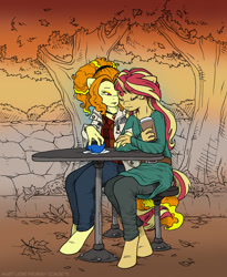 Size: 903x1100 | Tagged: safe, artist:kaemantis, adagio dazzle, sunset shimmer, anthro, unguligrade anthro, coffee, female, implied lesbian, implied shipping, implied sunsagio, lesbian, shipping, sunsagio, table