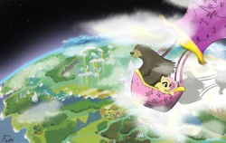 Size: 1469x928 | Tagged: safe, artist:fedte, fluttershy, harry, bear, pegasus, pony, equestria, flying, hot air balloon, map, map of equestria, scenery, twinkling balloon