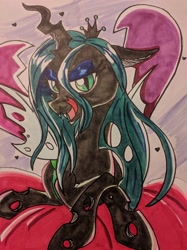 Size: 3029x4040 | Tagged: safe, artist:demise-the-art-demon, queen chrysalis, changeling, changeling queen, female, prone, solo, traditional art