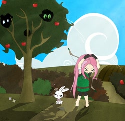 Size: 908x880 | Tagged: safe, artist:fedte, angel bunny, fluttershy, spike, apple, archer, humanized, tree