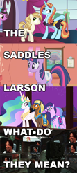 Size: 504x1135 | Tagged: safe, princess celestia, sassy saddles, sunset shimmer, twilight sparkle, alicorn, pony, black ops, call of duty, image macro, lily love, m.a. larson, meme, meta, saddle