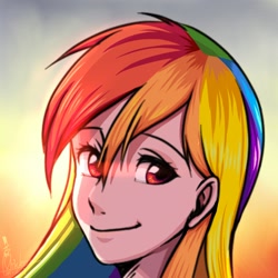 Size: 1150x1150 | Tagged: safe, artist:鸡三岁, derpibooru import, rainbow dash, human, bust, female, humanized, pixiv, portrait