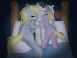 Size: 1440x1080 | Tagged: safe, artist:jepso, derpy hooves, dinky hooves, rumble, pegasus, pony, bed, cuddling, equestria's best mother, female, mare, plot, rumbledink, sleeping